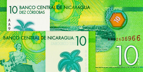 10 Cordobas Nicaragua, a fragment of a banknote for design. Polymer money of Nicaragua.