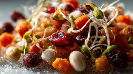 Vibrant fresh sprout and bean salad with colorful vegetables and microgreens