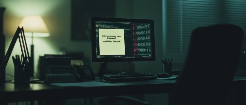 Night workspace computer screen displays programming code technological background