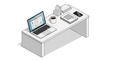 Minimalist Isometric Home Office Desk Setup with Laptop, Coffee, Books, and Smartphone on White Background