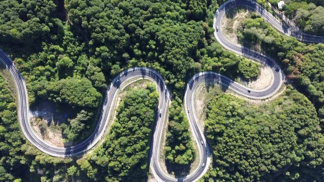 Aerial view of winding asphalt mountain road among green trees in summer. (Domani&ccedil;,İneg&ouml;l dağ yolu)	
