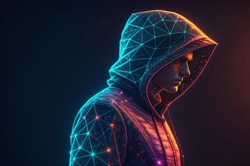 Mysterious hooded figure immersed in glowing cyberpunk holographic data streams and technology