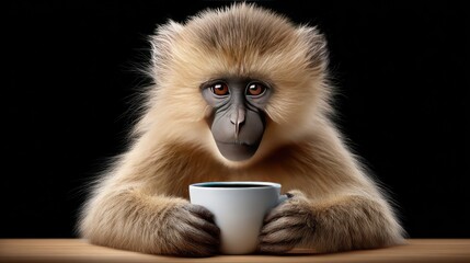 Fototapeta premium A curious monkey takes a moment at a table, holding an empty coffee cup while staring directly at the camera in a captivating shot
