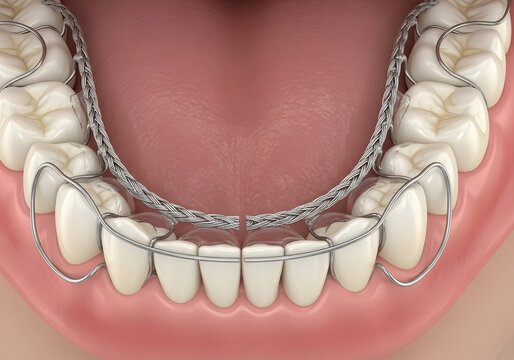A close up view of a mouth with teeth and a metal retainer on the lower teeth in the mouth area