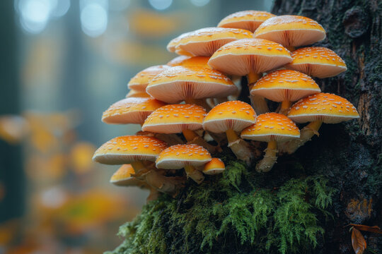Mushrooms growing on tree in forest.