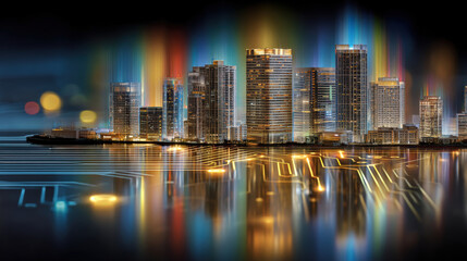 Fototapeta premium Vibrant city skyline illuminated by colorful lights reflects on surface resembling microchip. scene combines urban architecture with technology, creating futuristic atmosphere