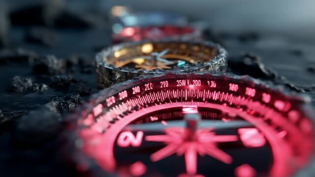 Closeup compasses in dark landscape