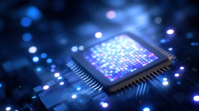 Close up view of microchip surrounded by vibrant array of blue and purple lights, showcasing intricate details and textures. image captures essence of technology and innovation, evoking sense