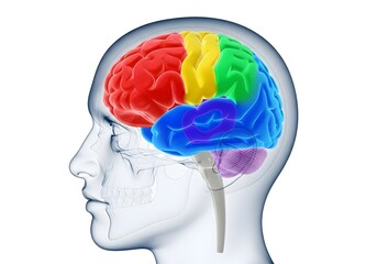 Obraz premium Illustration of a human head with a transparent skull and a color coded brain inside the head shape