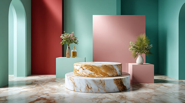 Modern marble podium with floral vases in pastel teal and pink room featuring arches and red accent wall, creating stylish elegant display