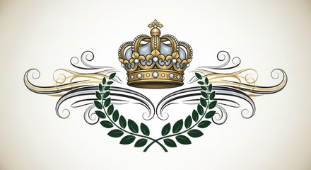 Naklejka premium Elegant Golden Crown with Jewels and Laurel Wreath Surrounded by Ornate Swirls on a Light Background - Royal Heraldic Luxury Design Element