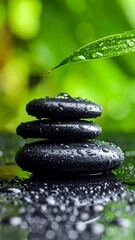 Polished black stones, water droplets, lush green backdrop
