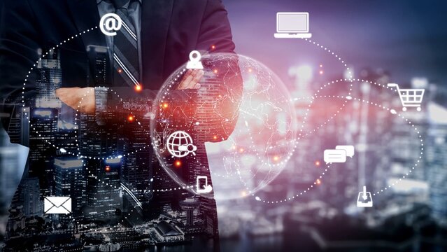 Visualization of global digital communication and online across multiple platforms, including global network, digital network, communication network, and online network. Marrow