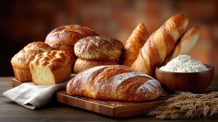Fresh baguettes and loaves with flour on the table, accompanied by an ear of wheat and a bowl of flour, create a cozy atmosphere
