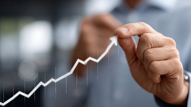 Business professional sketches a growth trend line on a digital display, emphasizing success and future financial strategies