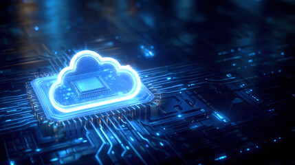 Glowing cloud symbol representing cloud computing technology sits atop microchip, surrounded by intricate circuit patterns. This captures essence of modern digital infrastructure and innovation