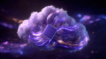 Digital cloud with central processing unit, featuring flowing circuits and vibrant purple lights, symbolizes advanced technology and innovation in computing