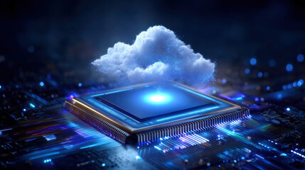 Futuristic microchip surrounded by glowing cloud, symbolizing cloud computing and technology. vibrant blue lights and intricate circuit patterns create captivating visual representation of digital