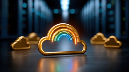 Vibrant golden cloud symbol with rainbow arc, set against dark, futuristic server room background, evokes sense of innovation and technology. glowing elements highlight concept of digital
