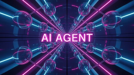 Obraz premium Futuristic AI agent concept with glowing neon spheres and dynamic connections, perfect for cutting-edge tech or innovative business solutions