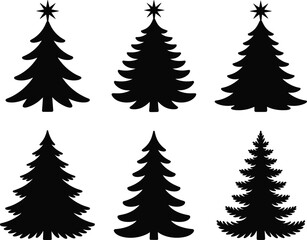 Black and White Christmas Tree Icons with Different Decorative Elements, Holiday Themed Tree Silhouettes, Winter Celebrations