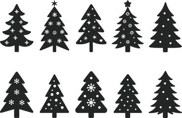 Black and White Christmas Tree Icons with Different Decorative Elements, Holiday Themed Tree Silhouettes, Winter Celebrations