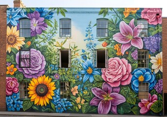 Building facade with floral mural and windows on a sunny spring afternoon walk