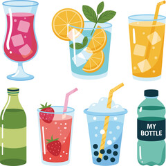 Beverage, drink, juice, smoothie, bubble tea, cocktail, fruit punch, soda, water bottle, iced drink, colorful glass, straw, mint, citrus, strawberry, orange, refreshing drink, drink illustration