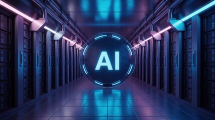 Futuristic AI data center with glowing neon lights offers a glimpse into tomorrow's technology and innovation for science and technology projects