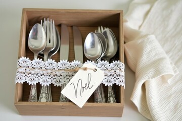 Rustic Wooden Box Filled With Antique Silverware Wrapped With Lace And Handwritten Noel Tag 1