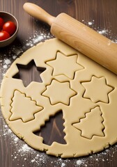 Christmas cookies baking preparation with rolling pin on a wooden table surface 90