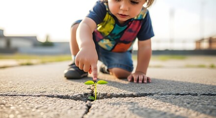 Child points at plant growing through cracked pavement showing resilience and hope for future