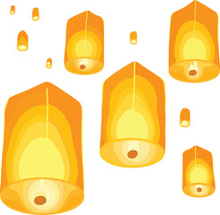 Paper lanterns with glowing centers float in a white space © Oki