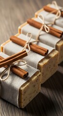 Cinnamon soap bars with rustic packaging on a wooden surface for spa and wellness use