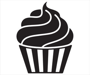 Cupcake silhouette illustration, black vector icon of sweet dessert with frosting symbolizing bakery, pastry, celebration, party treat, confectionery, and food concept isolated on white background