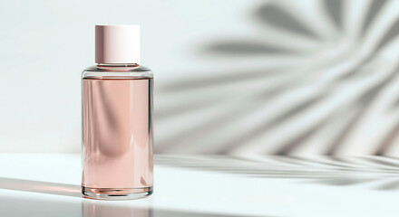 Clear glass perfume bottle with pink liquid on reflective surface  