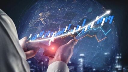 A person holds a smartphone displaying financial graphs against a backdrop of global data. This image represents market growth, technology, and business innovation. Copula