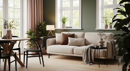 Bright Interior Living Room Scene: Scandinavian Style Sofa, Dining Table, Plants, and Natural Light Decor
