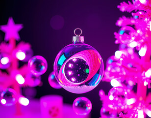 Colorful reflective ornament hangs in front of glowing holiday decorations with vibrant pink lights Generative AI