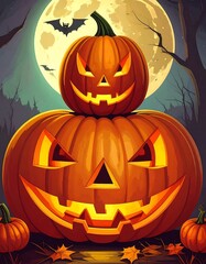 Stacked jack-o'-lanterns under moonlight