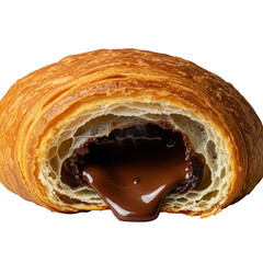 A freshly baked artisanal chocolate croissant, torn with rich molten chocolate oozing, steaming, against a transparent background, extreme close-up, macro, decadent food photography. Concept of