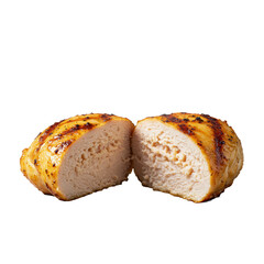 Golden-brown pan-seared chicken breast cut in half, juicy interior, flaky fibers, crispy caramelized crust, char marks, subtle steam, on transparent background, exquisite culinary perfection