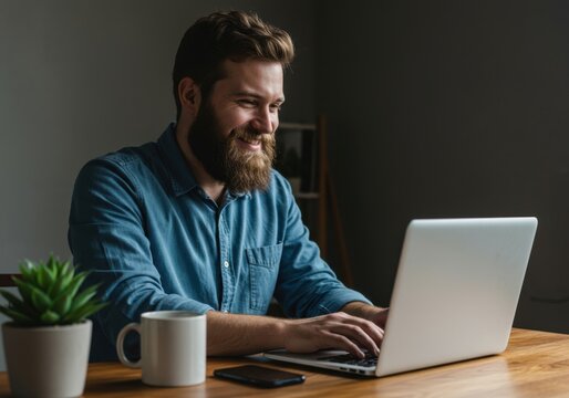 Focused bearded man working intently on a laptop computer at a wooden desk with a coffee mug and plant