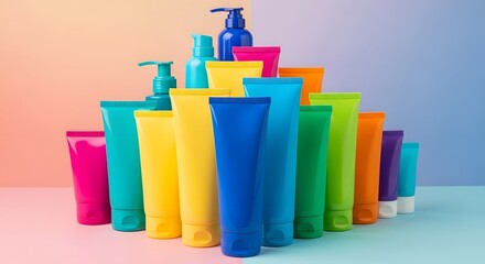 Colorful assortment of beauty products in tubes and bottles on a gradient background