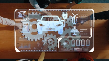 A dynamic team collaborates on the design of sustainable transportation solutions, showcasing digital representations of electric vehicles and renewable energy sources. Raster