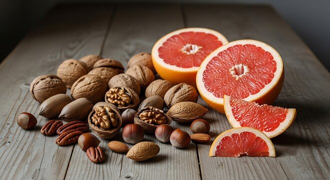 Assortment of Fresh Nuts and Sliced Grapefruit on a Rustic Wooden Table.