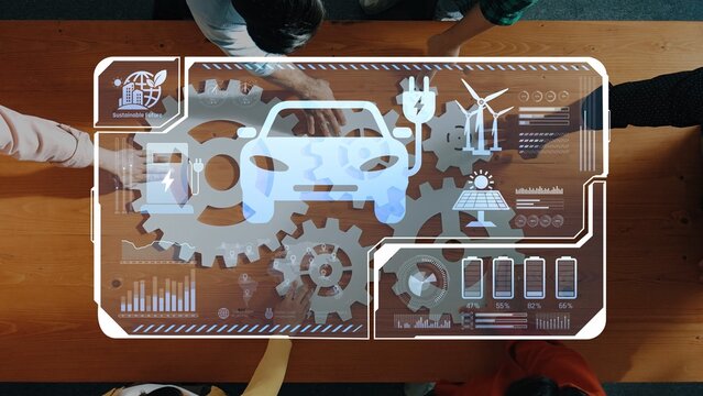 A dynamic team collaborates on the design of sustainable transportation solutions, showcasing digital representations of electric vehicles and renewable energy sources. Raster