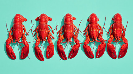 A top down view of five bright red lobsters on a light blue background