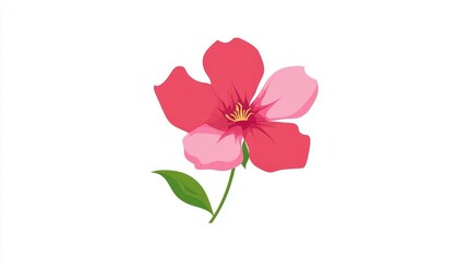 Fototapeta premium A vibrant pink and red five-petal flower with a green stem and leaf on a clean white background, depicted in a simple illustrative style.