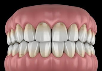 Obraz premium A close up view of human teeth and gums showing some discoloration and potential dental issues visible
